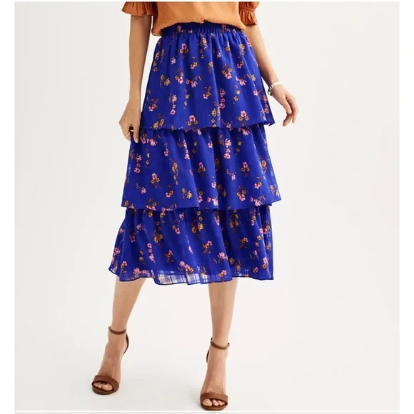 NEW Draper James RSVP Tiered Floral Ruffle Cobalt Blue Midi Skirt, Large - Picture 1 of 12